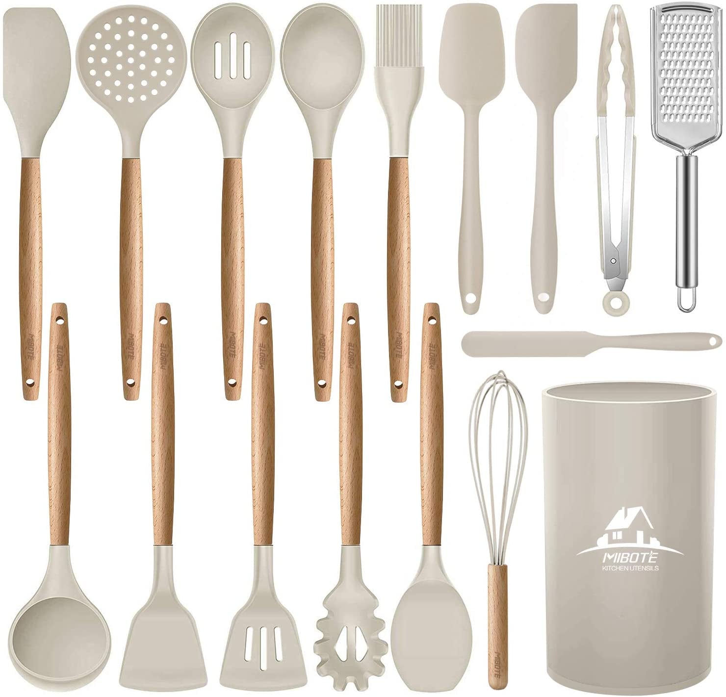 17 Pcs Silicone Cooking Kitchen Utensils Set with Holder, Wooden Handles BPA Free Non Toxic Silicone Turner Tongs Spatula Spoon Kitchen Gadgets Utensil Set for Nonstick Cookware (Khaki)