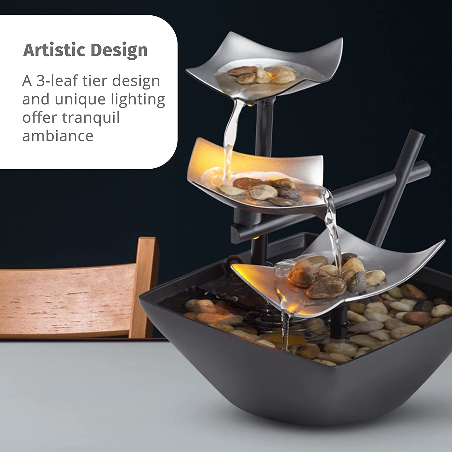 Tabletop Water Fountain, Home Décor Soothing Sound Machine with Automatic Pump, Deep Basin and Natural River Rocks. Indoor Zen Relaxation for Office, Living Room, or Bedroom Décor. 8.25” Tall