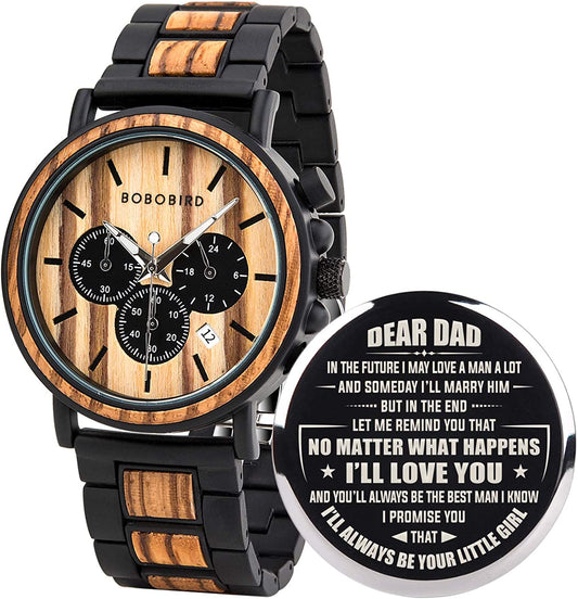 Mens Personalized Engraved Wooden Watches, Stylish Wood & Stainless Steel Combined Quartz Casual Wristwatches for Men Family Friends Customized Watch